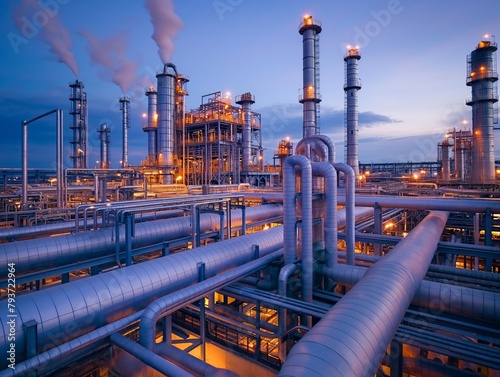 Complex network of pipes at a bustling industrial refinery against a twilight sky. photo