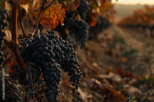 Captivating close-up view of ripe blue grapes hanging from vines, illuminated by the warm sunset light, amid the vibrant autumn foliage in a vineyard.