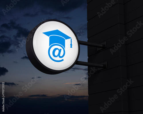 E-learning icon on hanging black rounded signboard over sunset sky, Business study online concept, 3D rendering