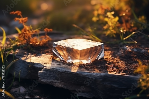 Crystalline organic transparent stone podium in sunlight on natural rocky background. Transparent stand on stone block in the golden hour in the rutting landscape
