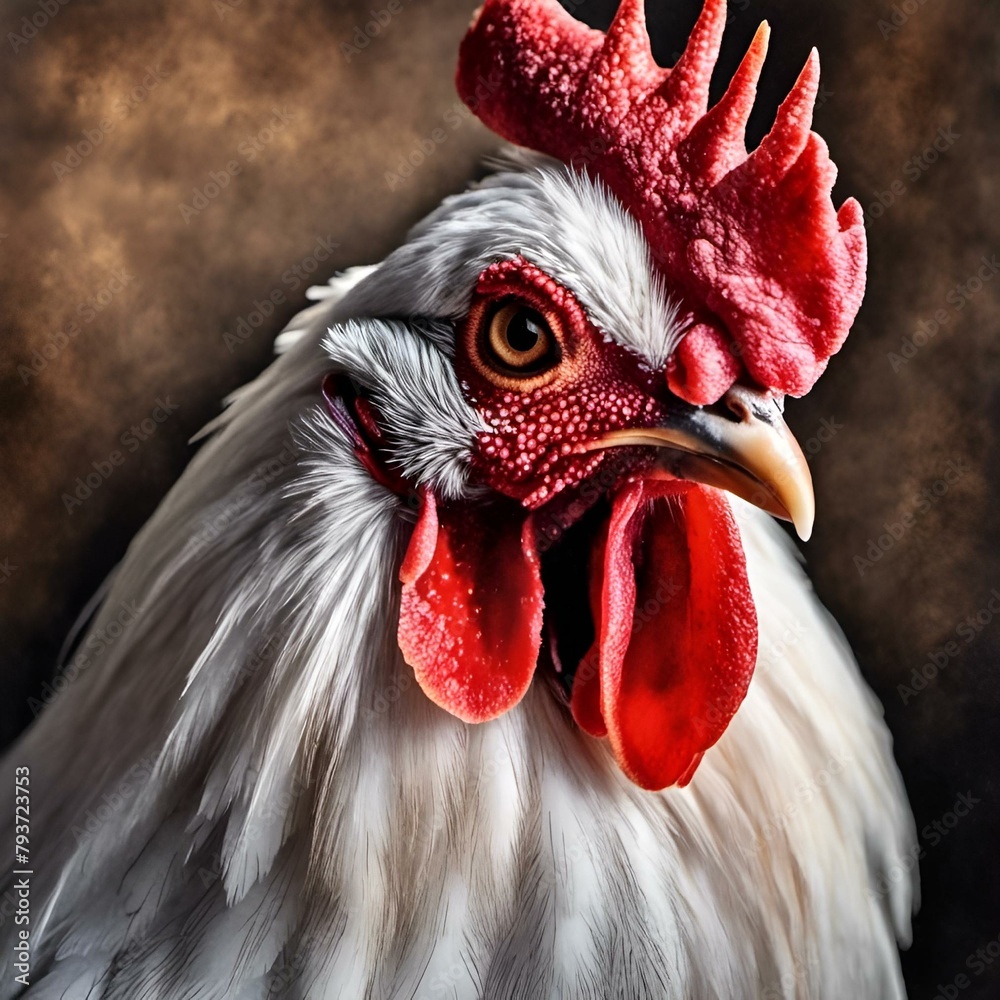 AI generated illustration of a rooster's head in closeup