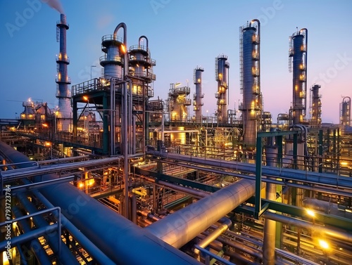 Illuminated oil refinery extending into the twilight sky  showcasing an intricate network of pipes and towers.