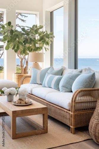 The living room is filled with furniture and features a large window. The room is decorated in a coastal theme with nautical decor elements enhancing the space