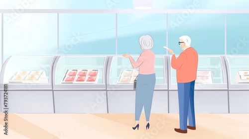 Elderly couple choosing frozen meals in a supermarket freezer section, wide variety of products, convenient shopping