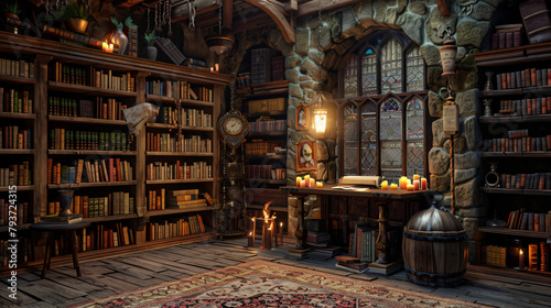 The wizards room with library old books potion © khan