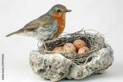 A robin nestles, eggs beneath © Veniamin Kraskov