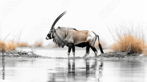 Striking black and white image of a large antelope with dramatic horns, an oryx gemsbok, captured walking through water in the Desert of South Africa. photo