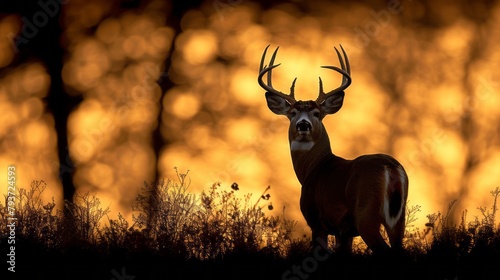 Trophy white-tailed buck deer silhouette standing tall in the Midwestern wilderness, a majestic symbol of the region's hunting heritage. photo