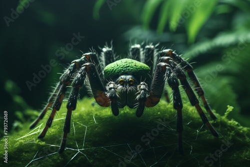 A detailed view of a spider spinning a web on a mossy surface, showcasing intricate patterns and textures in nature. The spider is actively working on its web, blending into the mossy environment