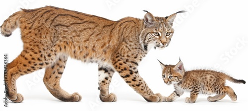 Portrait of a bobcat and its kitten with a spacious area on the left side ideal for adding text