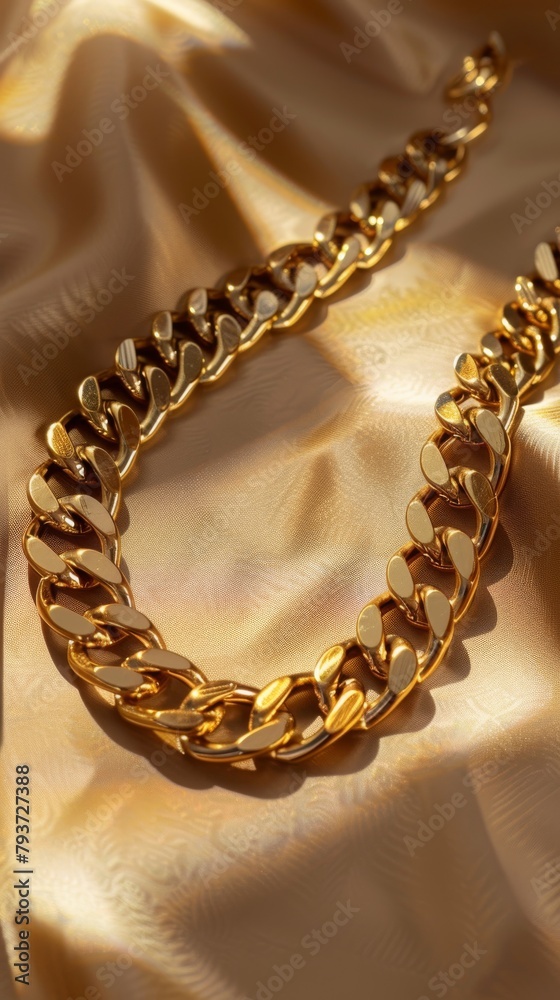 Obraz premium A luxurious 18k golden with stainless steel 316L cuban chain link necklace rests upon a background capturing the essence of wealth, style and elegance. Great as product design inspiration