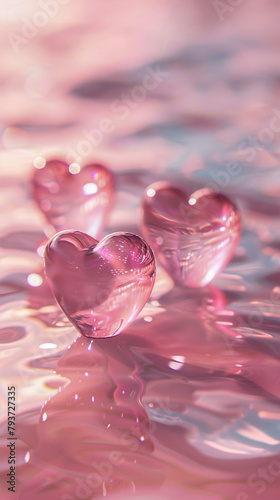 Three or four pink hearts floating on the water, a heart iphone wallpaper with a pink background