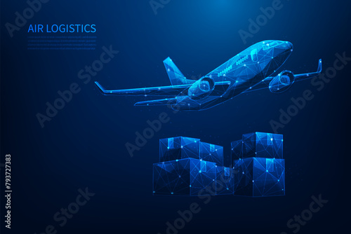 airplane global logistics delivery and cargo low poly wireframe. plane transport with parcel. vector illustration fantastic design on blue background.