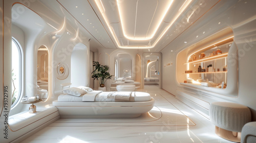 Spacious White Room With Bed and Couch