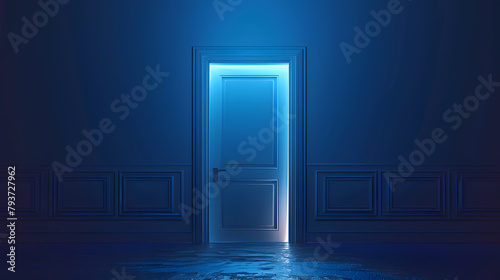 Electric blue lights shine from an open door in a dark room