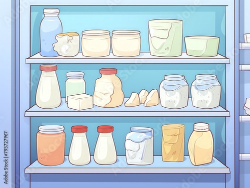 An assortment of dairy products including milk, cheese, and yogurt on a neatly arranged refrigerator shelf, focus on freshness and variety