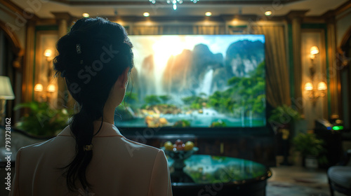 A woman is watching a movie on a large screen in a living room