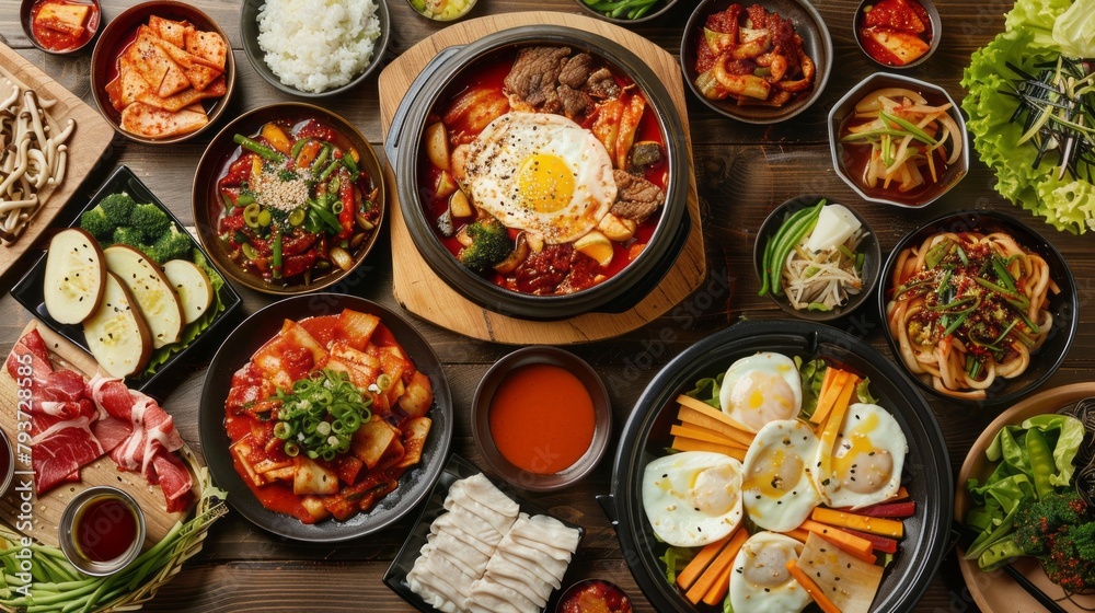 A table full of Asian food including a variety of dishes such as eggs, potatoes
