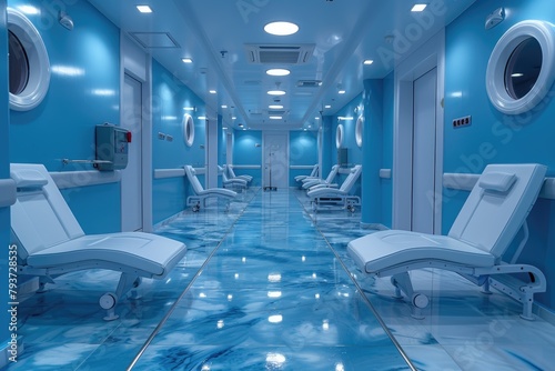 Interior design of a hospital in blue colors. MEDICAL BACKGROUND, MODERN LIGHT DOCTOR ROOM, HOSPITAL INTERIOR