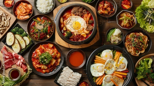 A table full of Asian food including a variety of dishes such as eggs, potatoes