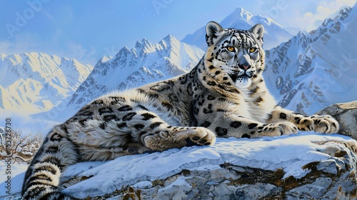 A snow leopard is lying on a rock in the snow. The snow leopard is looking to the right of the frame. There are snow-capped mountains in the background.
