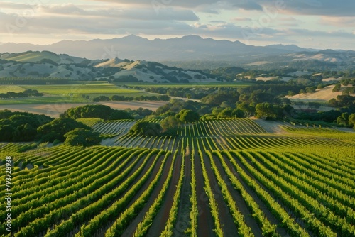 An aerial view of verdant vineyards stretching towards distant mountains, basking in the soft, golden light of sunset, capturing the essence of tranquility and natural beauty.