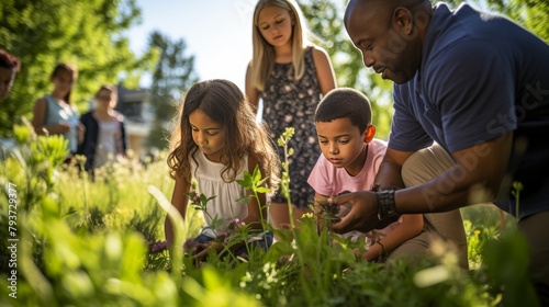 A group of diverse individuals observing and studying various plants in a vibrant field photo