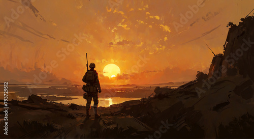 Digital painting of a lone soldier standing, he is looking through the horizontal war destruction at sunset.