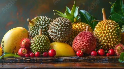 Exotic fruit arrangement on a rustic wooden table, featuring durian, mango, and rambutan photo