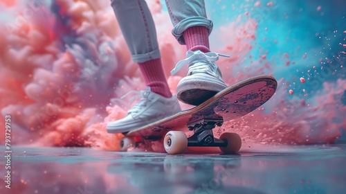 Vivid collage of a person on a skateboard with pink socks and white shoes against a dynamic blue and pink background © maniacvector
