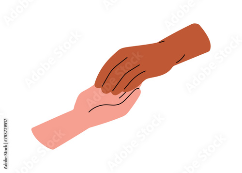 Two hands reaching together in love, trust, support. Care, help, communication, partnership and connection concept. Touching palm of one another. Flat vector illustration isolated on white background