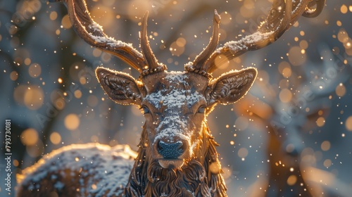 Majestic hand-carved wooden stag figurine in a snowy landscape with warmly lit cabin photo