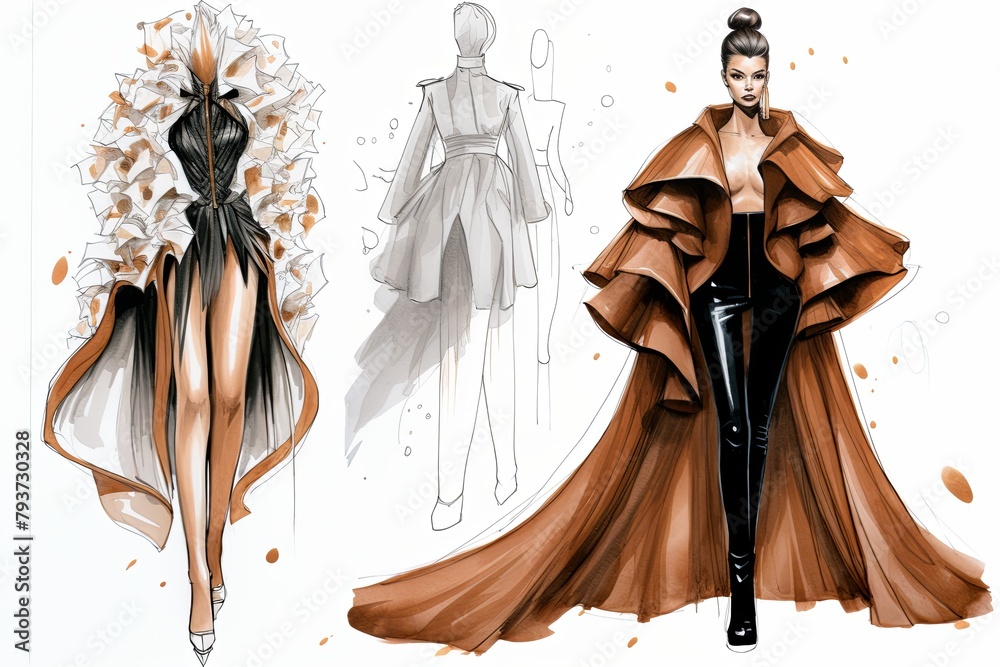Fototapeta premium Haute Couture Fashion Sketches: Fashion-Forward Tailoring Masterpieces