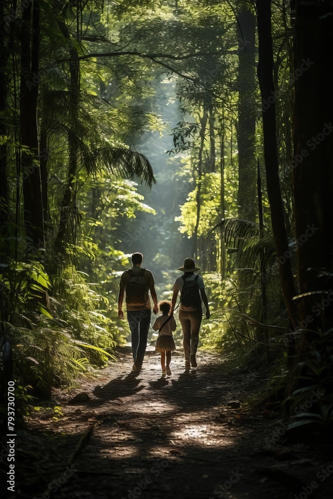A family exploring a dense rainforest, their path illuminated by dappled sunlight filtering through the canopy above A family exploring a dense rainforest, their path illuminated by dappled sunlight filtering through the canopy above