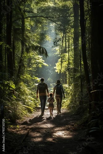 A family exploring a dense rainforest, their path illuminated by dappled sunlight filtering through the canopy above