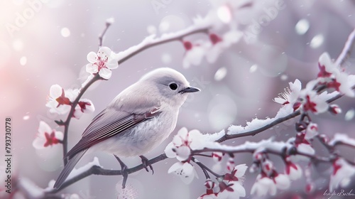A small white bird is perched on a branch of a tree. The branch is covered in delicate pink blossoms. The background is a soft blur of snow.