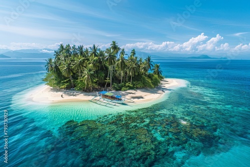 A remote tropical island with palm tree-lined beaches and clear turquoise waters. photo