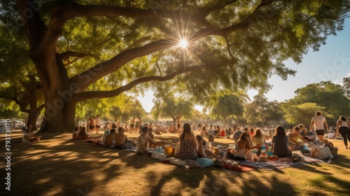 A large group of people sitting peacefully under a sprawling tree, seeking shade and companionship