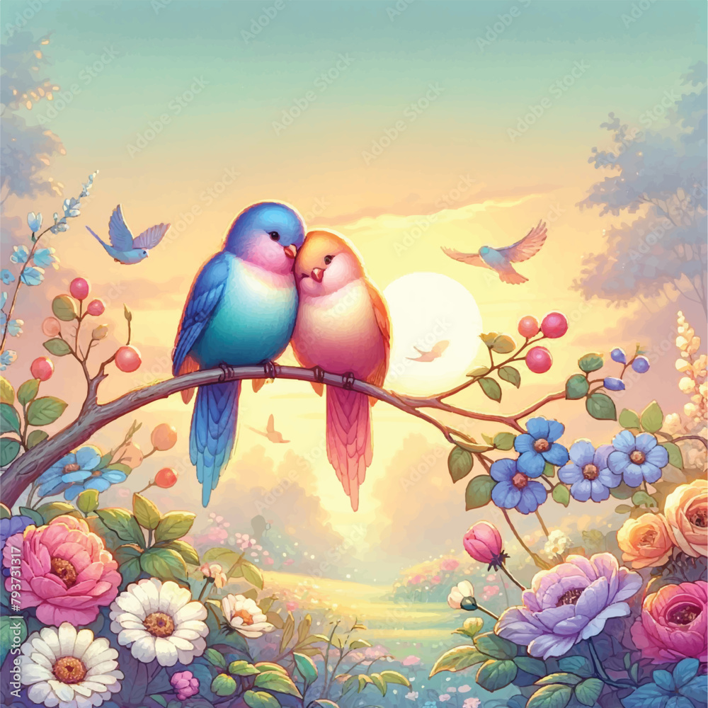 Two Birds on a Branch with Pink Flowers and Sunset , 
Peaceful Sunset: Two Birds Rest on a Branch with Blooming Flowers