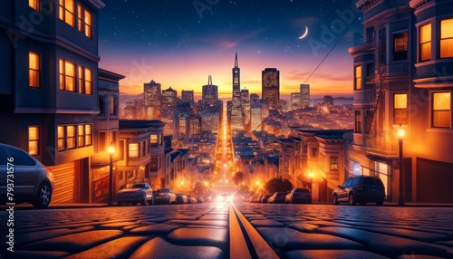 A street scene of San Francisco at dusk, that captures the city's glittering lights photo