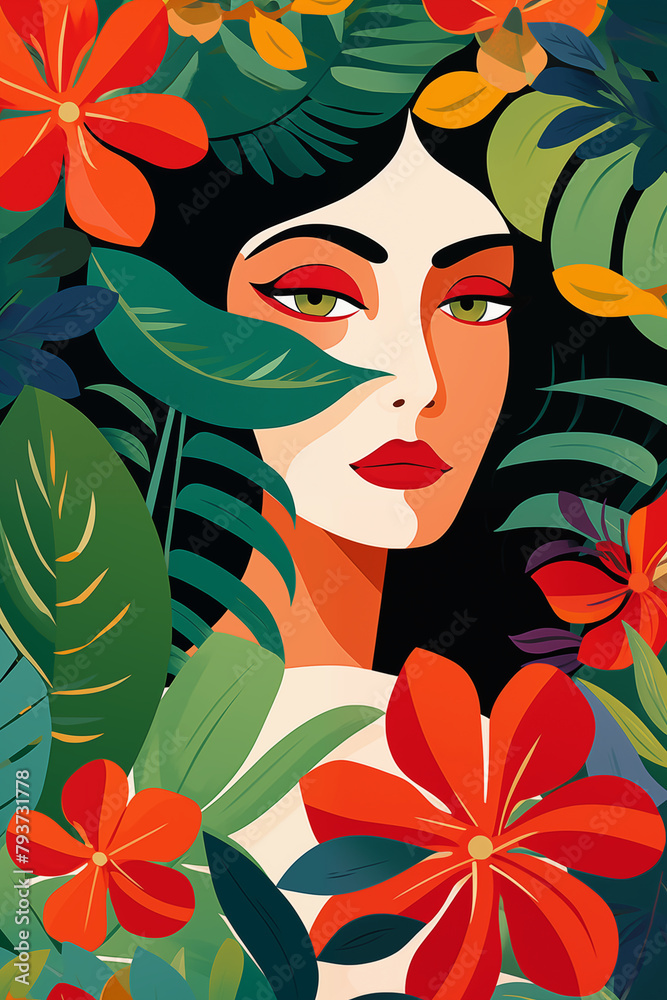 Decorative painting illustration with Hawaiian woman in a floral dress, with a Hawaii hibiscus flower in her hair, background  garden.