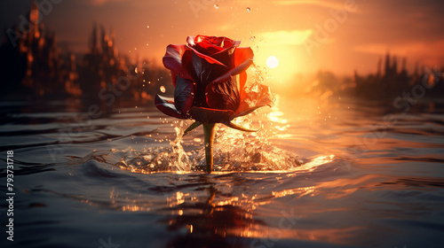 sunset in the water with redrose photo