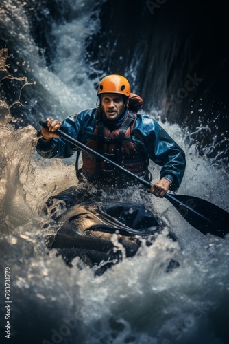 A man skillfully navigates his kayak down a river, surrounded by turbulent whitewater. He steers and paddles through the rushing water with expertise