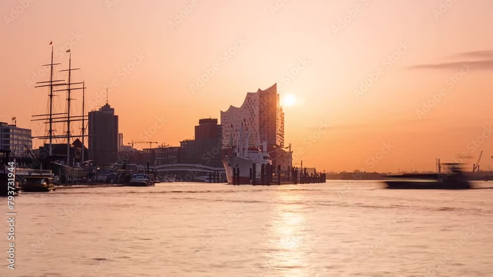 Port of Hamburg skyline 4K time lapse day to night Port of Hamburg skyline 4K time lapse day to night