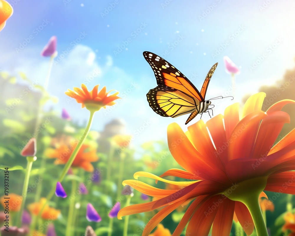 Closeup of a butterfly taking flight from a vibrant flower garden, detailed wings captured in midair, natural sunlight enhancing the colors Closeup of a butterfly taking flight from a vibrant flower garden, detailed wings captured in midair, natural sunlight enhancing the colors