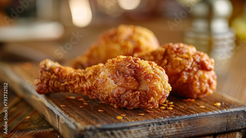 Savory and crunchy, the golden-brown drumsticks offer a fast-food feast on a wooden board. photo