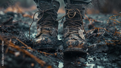 Muddy boots stand firm on a gritty terrain, confronting the harsh reality symbolized by barbed wire photo