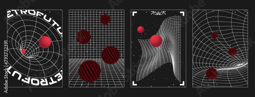 Retro futuristic y2k style abstract posters. Vector rave psychedelic illustrations with geometric wireframe mesh, tunnel and spheres. Design inspired by brutalism and cyberpunk.