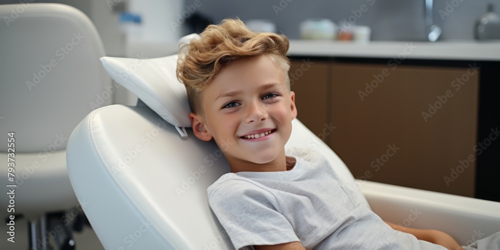 A little boy having his teeth examined in a dental clinic. The child visits the dentist. The child is sitting in the dental chair. A little boy having his teeth examined in a dental clinic. The child visits the dentist. The child is sitting in the dental chair.
