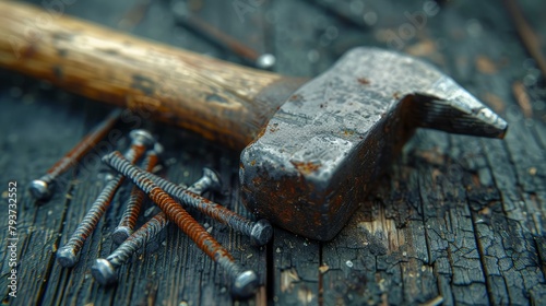 Well worn hammer lies next to nails on wooden surface